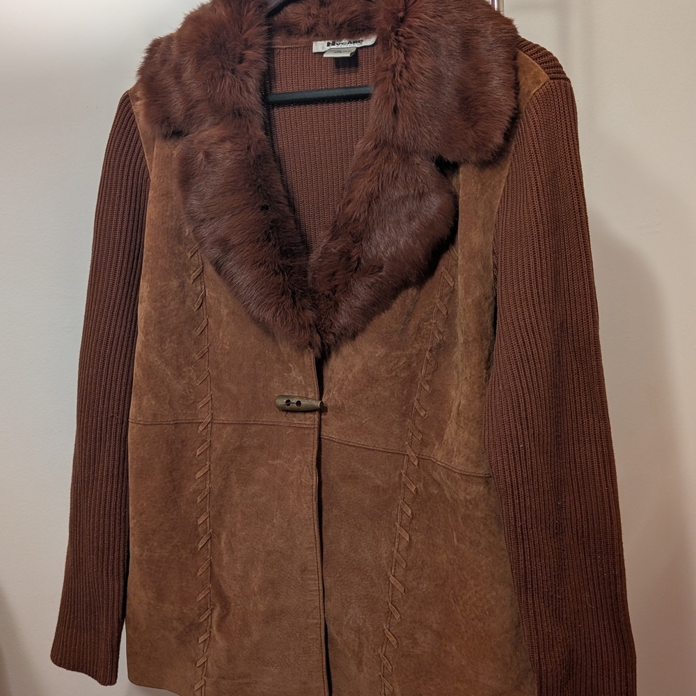 Peter Nygard Brown Leather And Knit Jacket with Dyed Rabbit Fur Collar